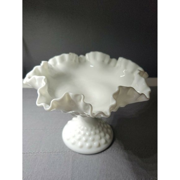 Fenton | Hobnail | Milk Glass | Ruffled 8" Wide Footed Bowl Vase - Picture 2 of 10